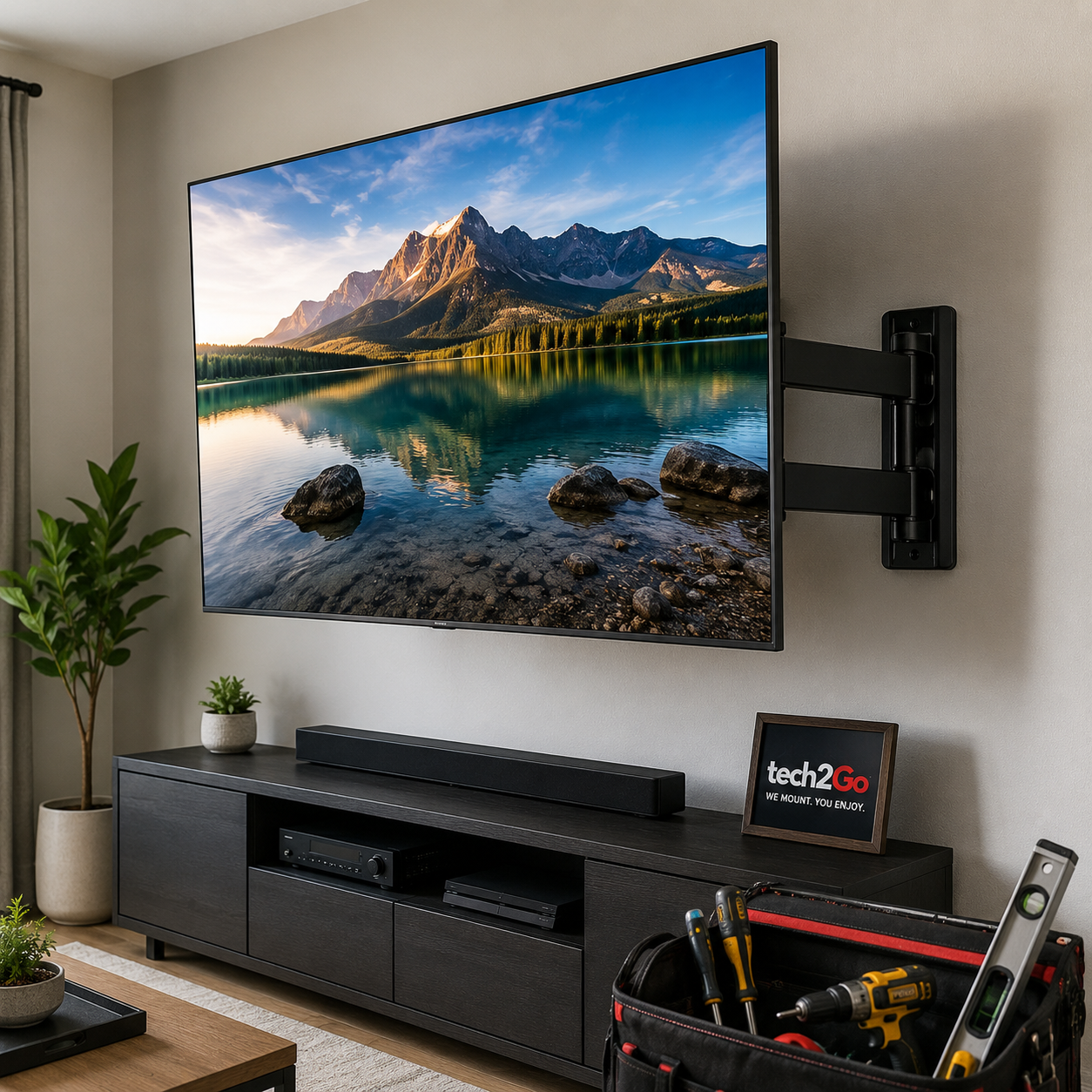 Wall-mounted television installed above a media console in a living room