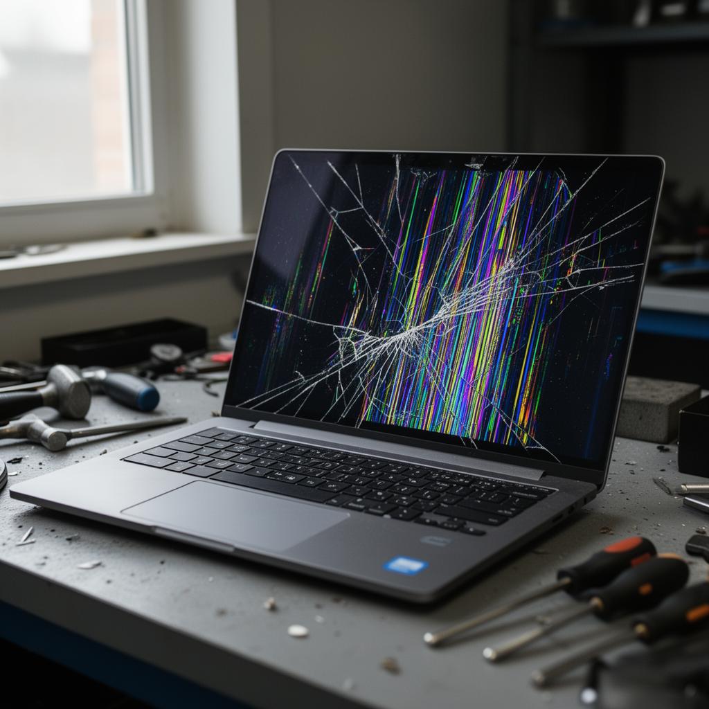 Laptop with broken display on a repair bench