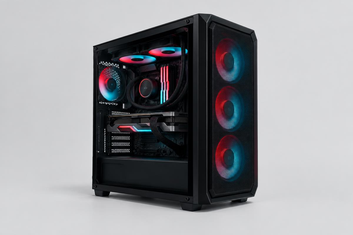 Example Entry-Level Gamer build with an airflow case and red and blue lighting