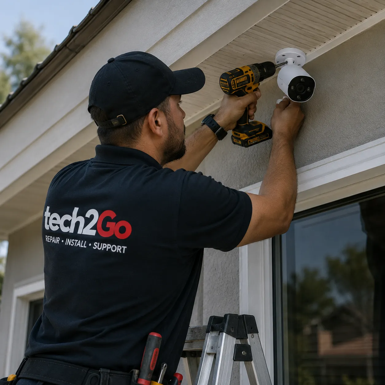 Outdoor security camera under a home roofline